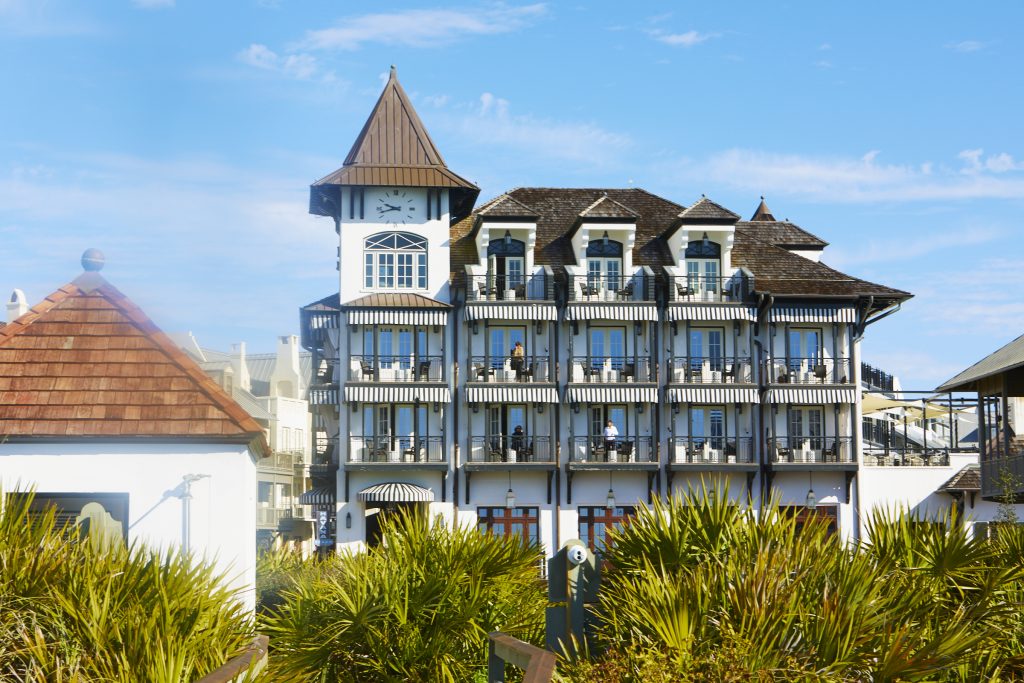 Exterior shot of the pearl hotel and its outdoor porches