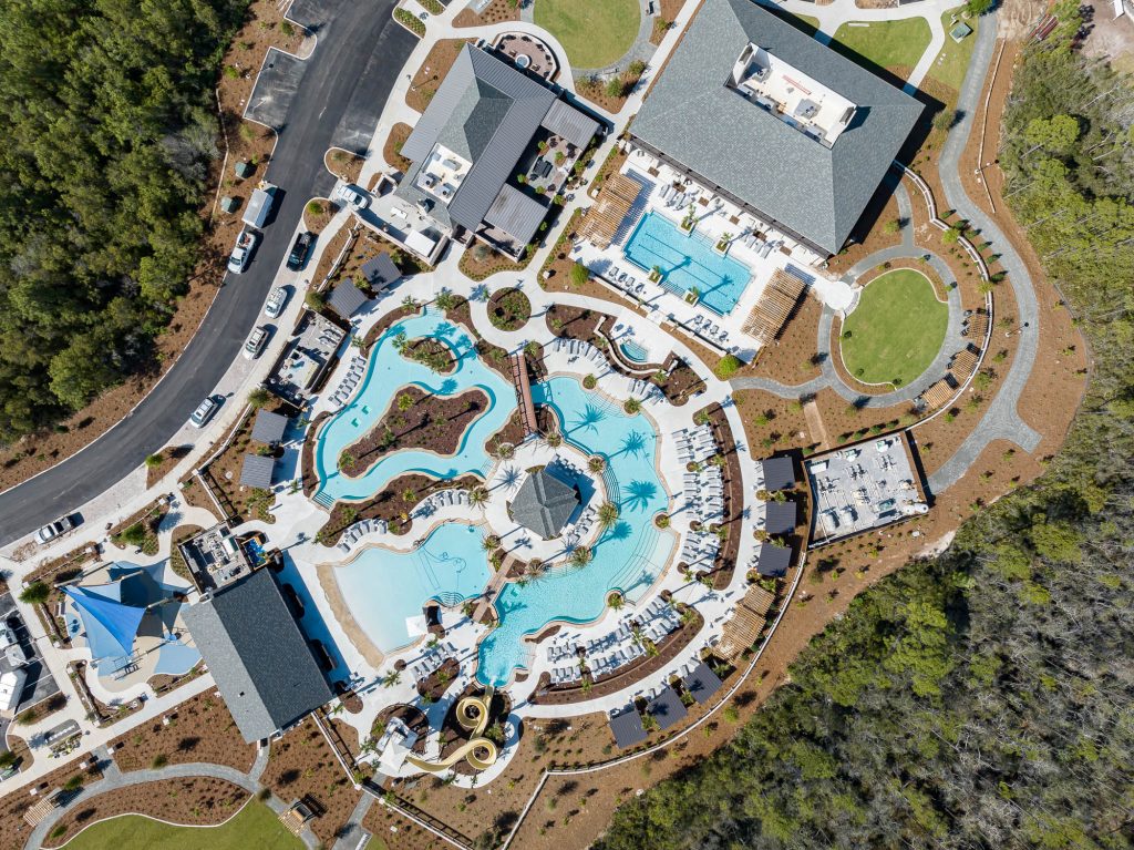 aerial view of the property and pool deck
