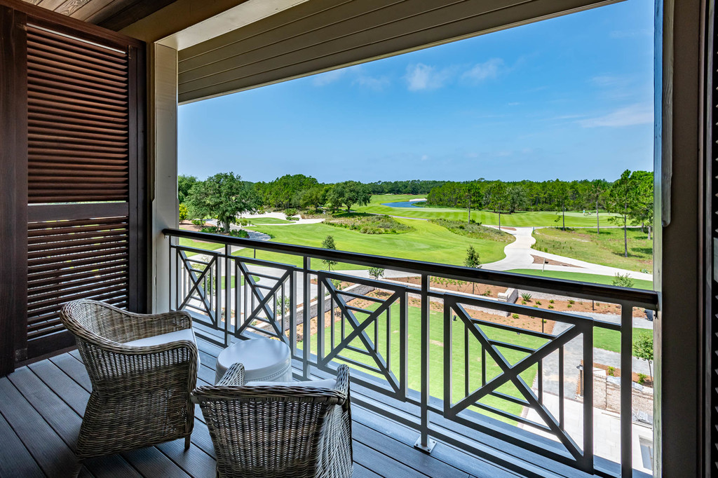 A view of the golf course from a guest room at Camp Creek Inn
