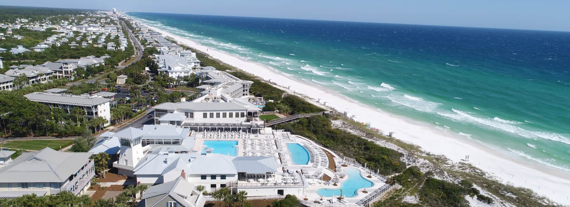 Aerial view of Watercolor Inn and the beautiful beaches of the Emerald Coast.