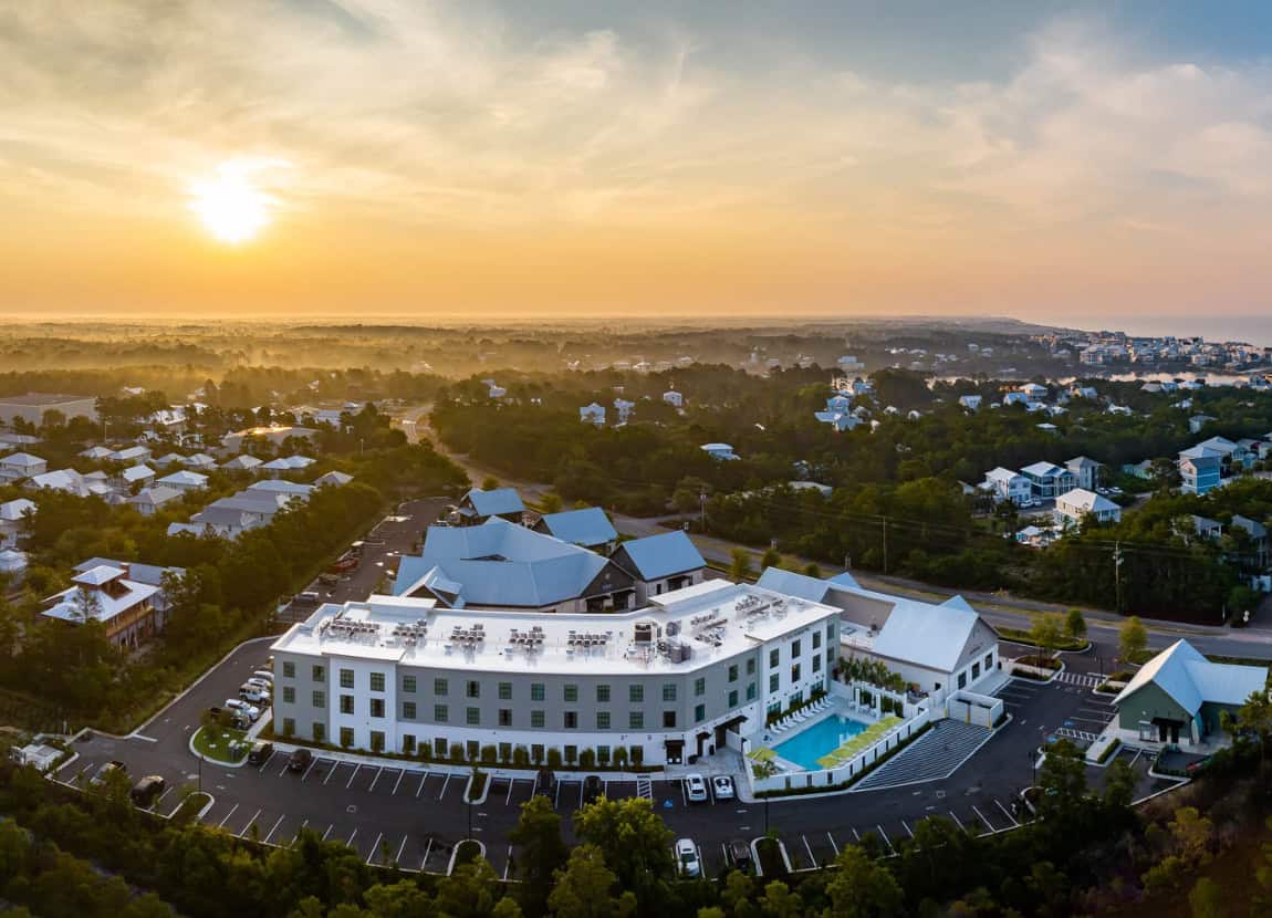 Aerial view of The Lodge 30A at sunset
