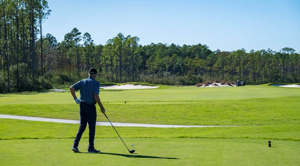 A golfer stands on a tee box, preparing to hit a shot on a sunny day, with green fairways and trees in the background.