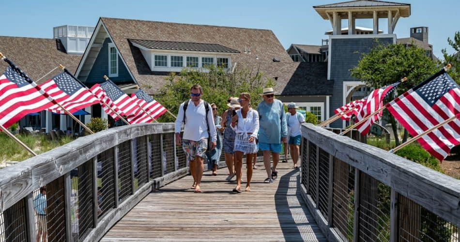 American flags on a wooden bridge at St. Joe Resort.